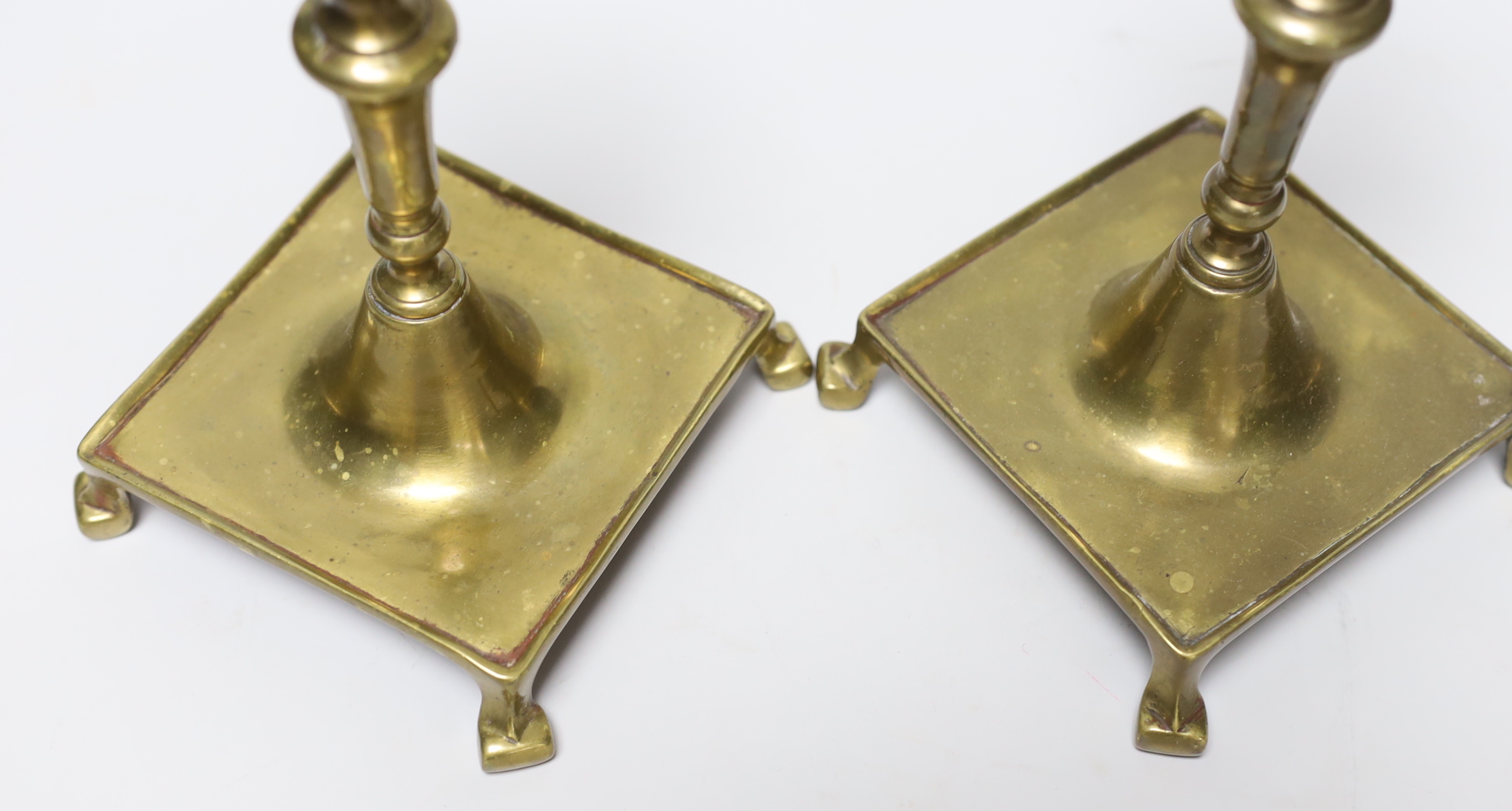 A pair of Spanish brass 17th/18th century candlesticks, 19cm